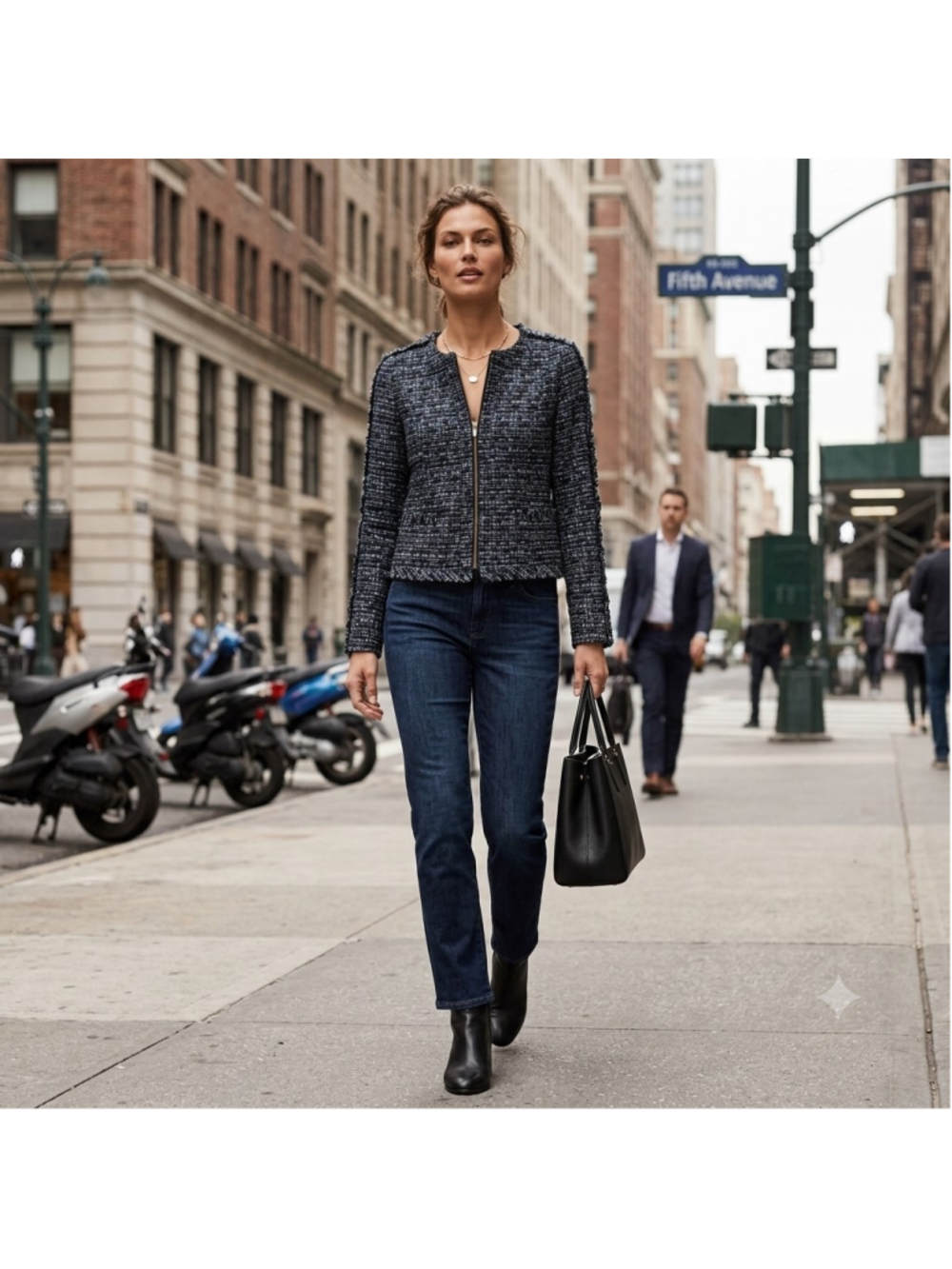 Banana Republic Blazer 8 Black Blue Tweed Zip Up Cropped Classic Career